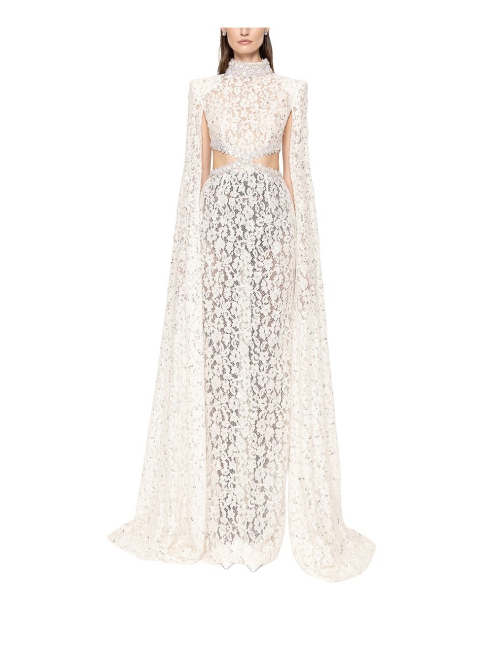 Ivory Lace High-Neck Long-Sleeve Cape Dress